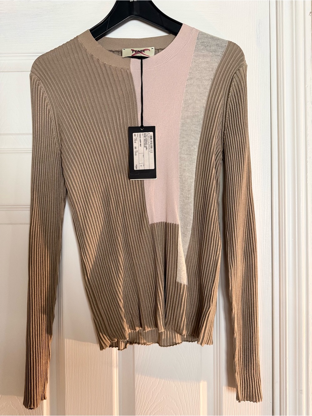 Fendi Taupe, Pink & Light Gray Ribbed Colorblock Long-Sleeve Top